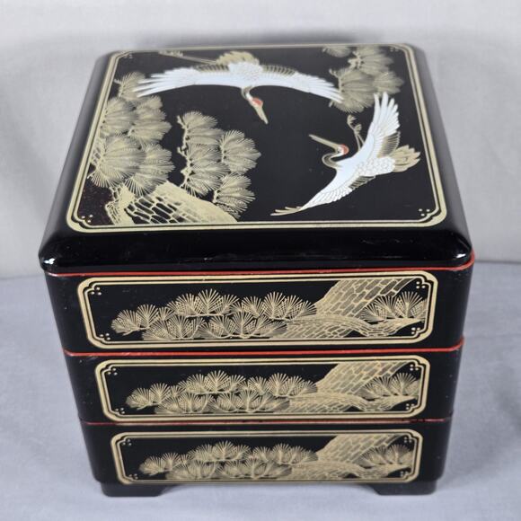 Japanese Lacquer Style Jubako Box Set Square 3 Tier Cranes Pine Black Red - Picture 5 of 7